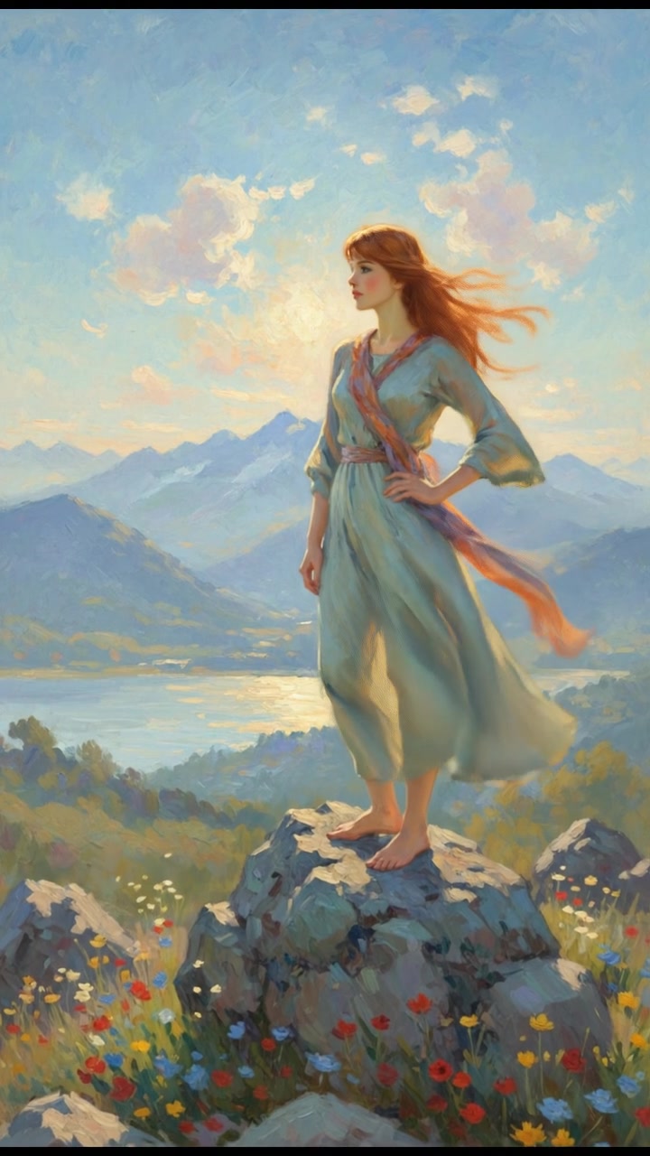 Emma, standing confidently on a rocky cliff, looks at a distant mountain range under a clear blue sky.