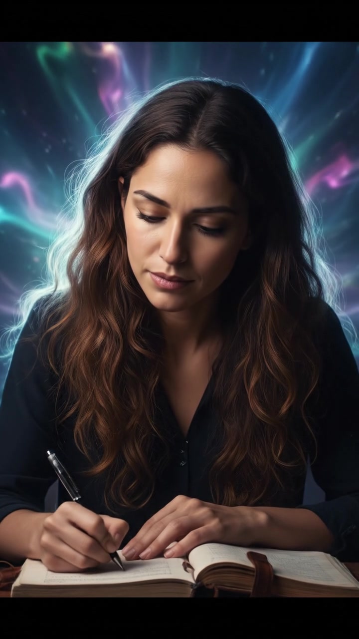 Maya sitting at a small wooden table, holding a pen and looking thoughtfully at her open journal.