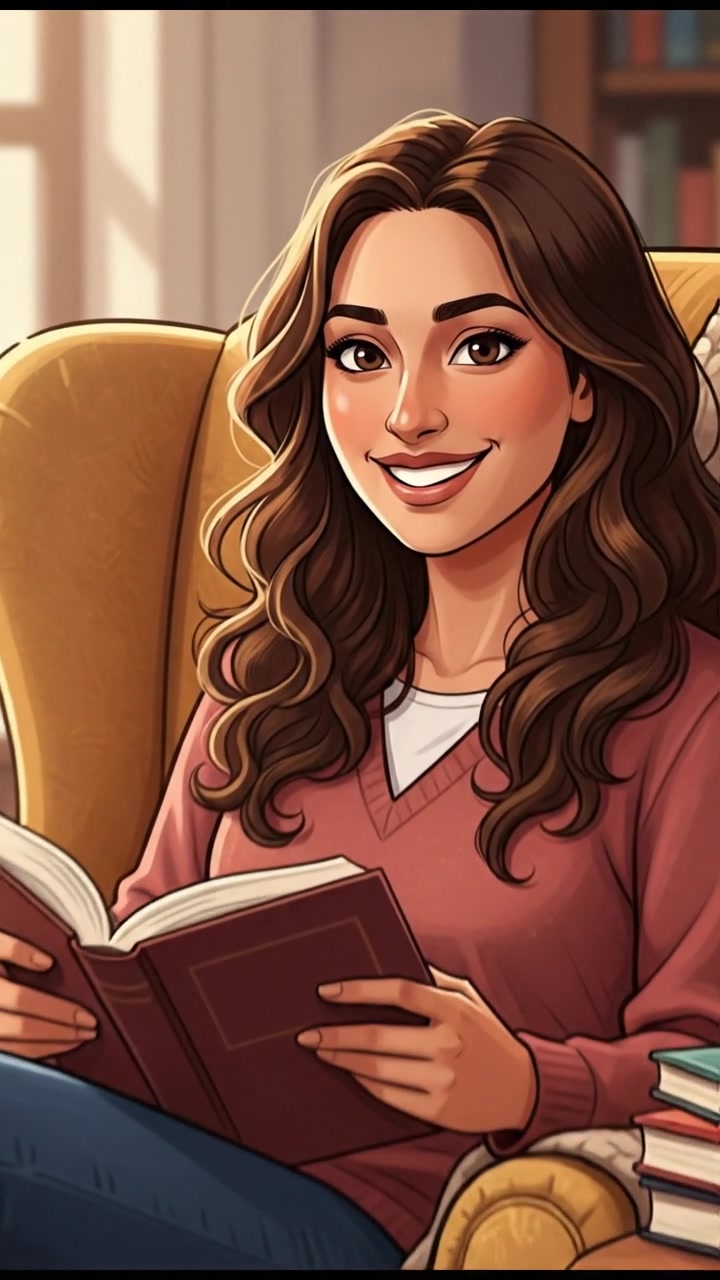 A close-up of the Maya sitting on a cozy chair, holding a book and looking directly at the viewer.