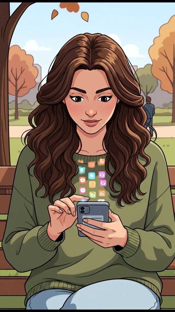 A close-up of the Maya holding a smartphone, scrolling through social media while sitting on a park bench.