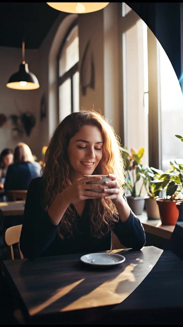 Maya sitting at the table, lost in thought with a gentle smile, her coffee cup in hand and sunlight streaming in.