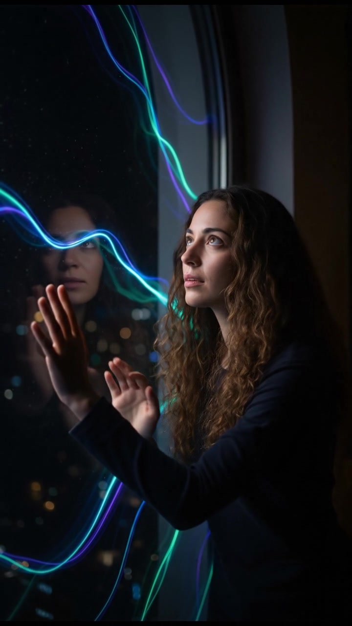 Maya standing by the window, looking curious and slightly anxious, with her hand reaching towards the glass.