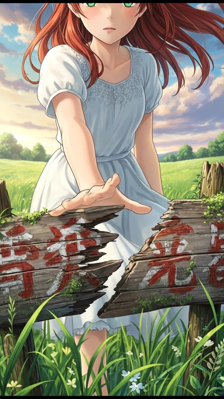 A close-up of Emma's hand reaching out to touch a broken wooden sign in a grassy area.