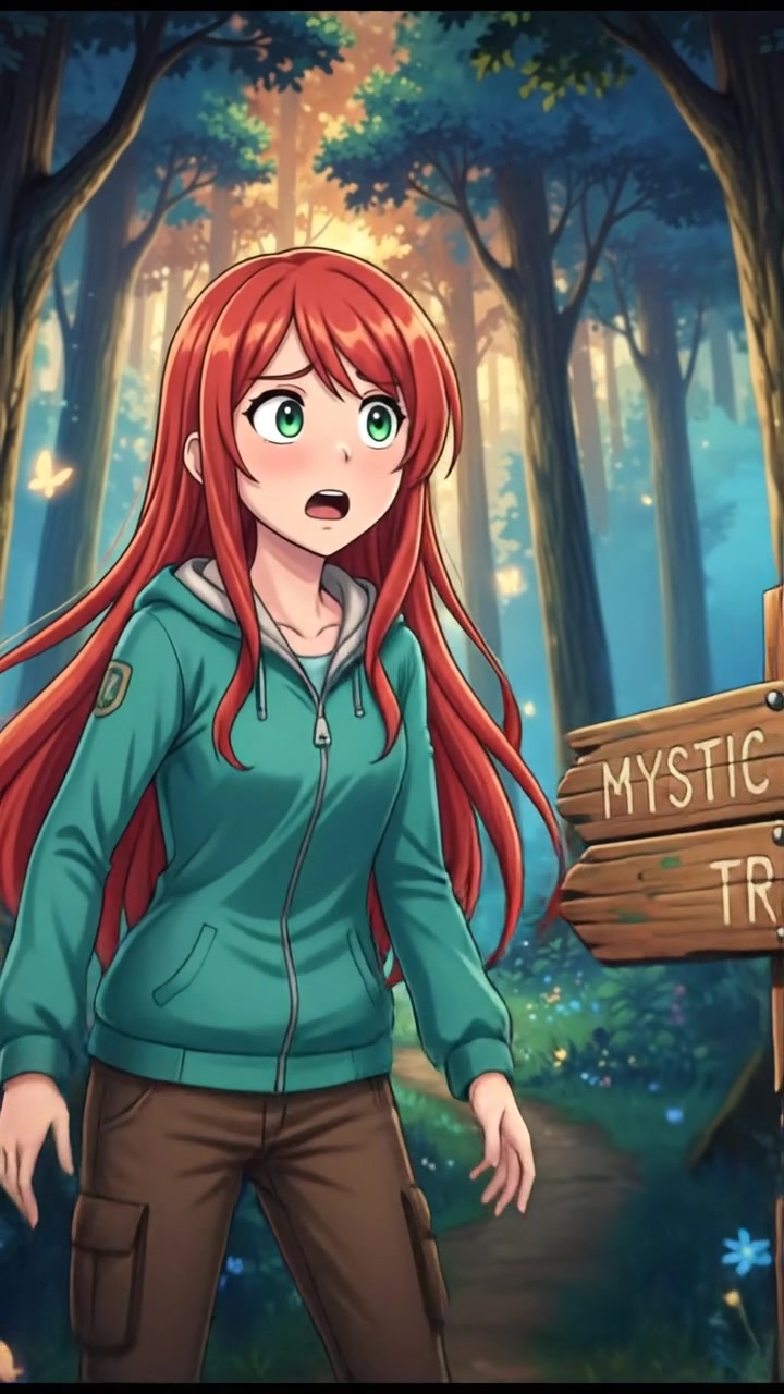 Emma standing next to a repaired sign with a surprised expression, the forest in the background.