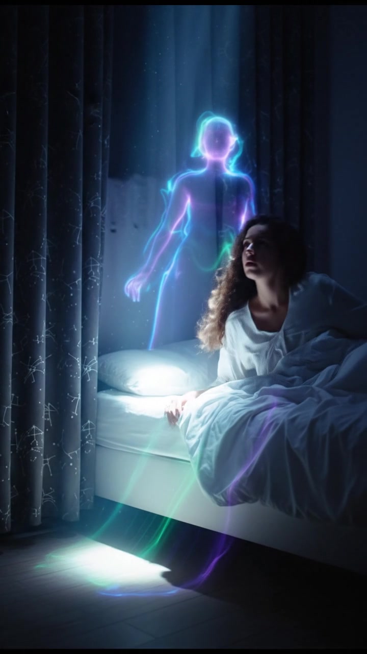 Maya waking up in her cozy bedroom, sunlight filtering through the curtains, with a notable whisper behind her.