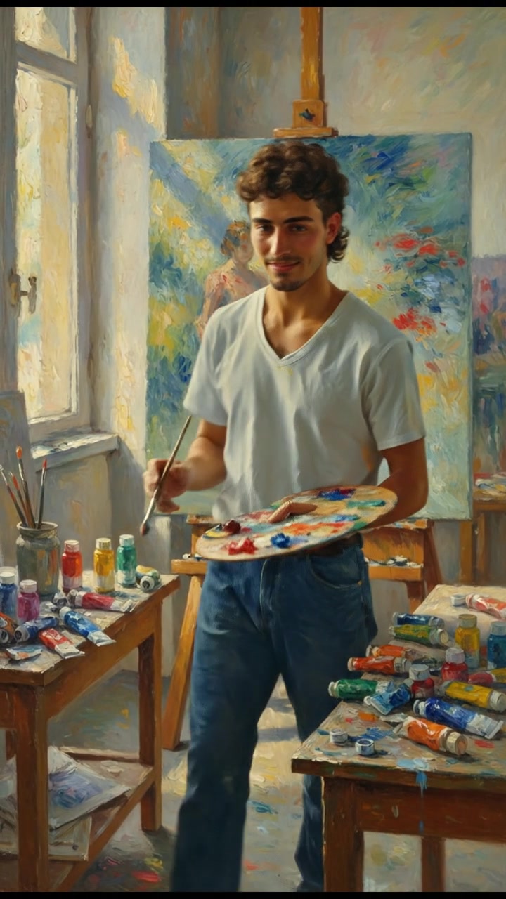 A portrait of Mateo standing in front of a canvas in his studio, surrounded by colorful paint tubes.