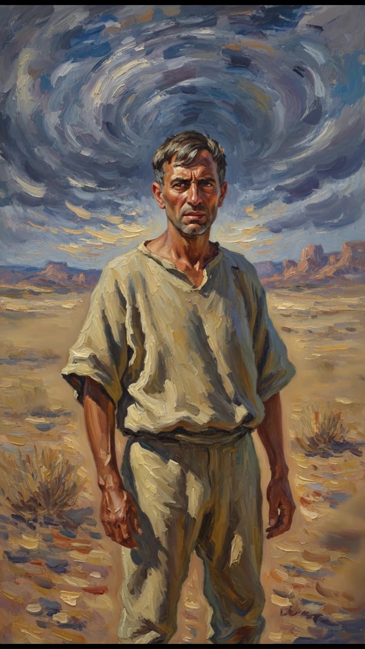 Omar, looking frustrated, stands in a barren desert landscape with a stormy sky overhead.