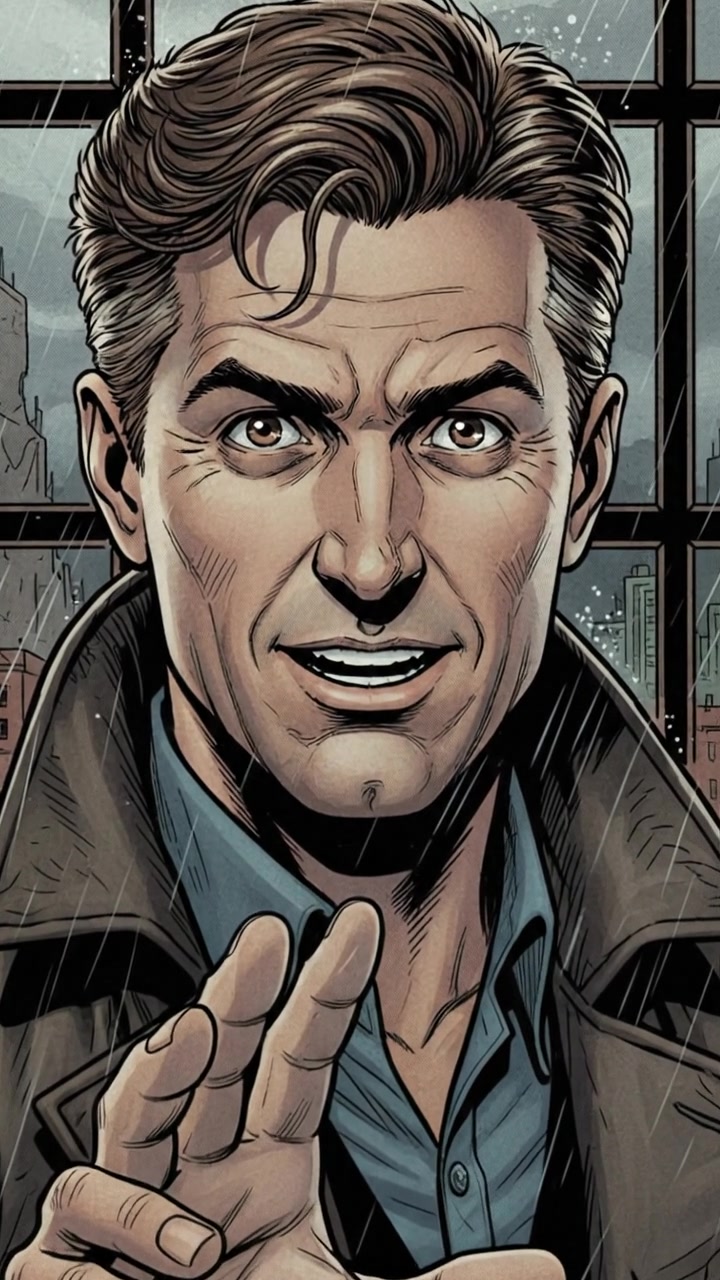 A close-up of Mark, his eyes gleaming with excitement as he gestures animatedly.