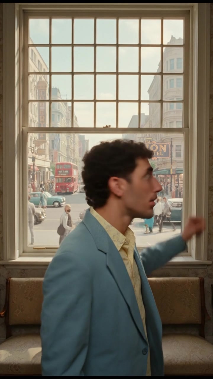 The Mateo, with a surprised expression, stands near a window, looking out into a busy street.