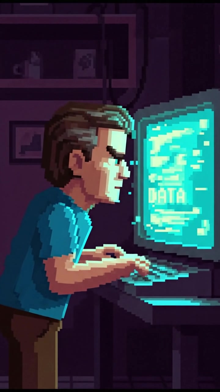 The Mark stands in a dimly lit room, looking intently at a glowing computer screen.