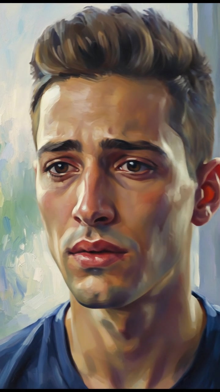 Close-up of Amir’s face, reflecting sadness and resignation, with soft light highlighting his features.