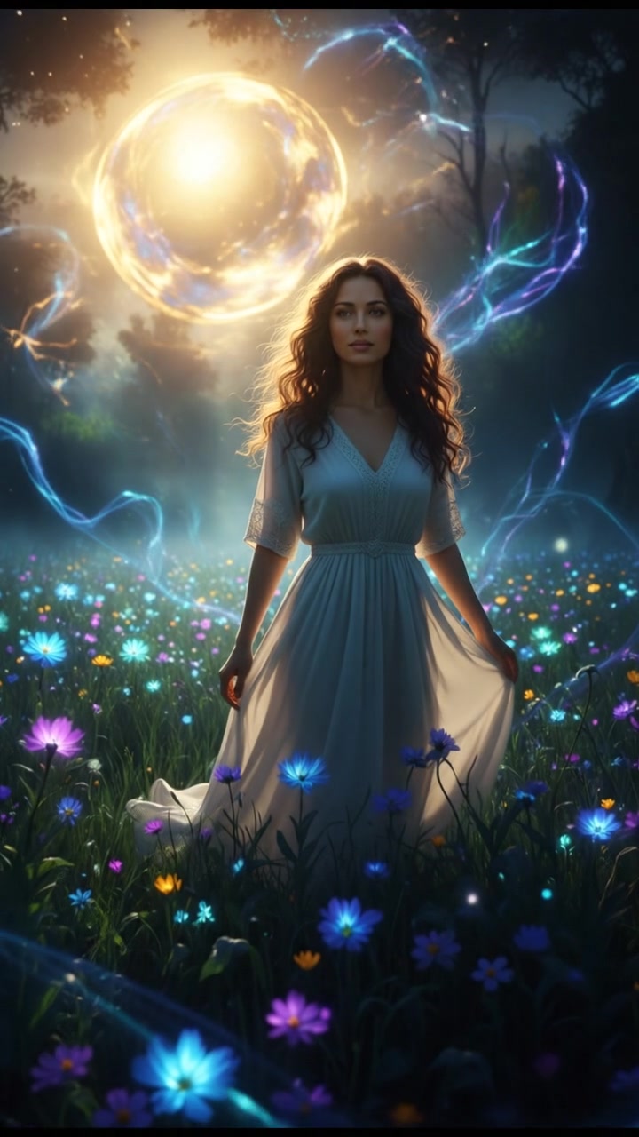 Maya standing in a sunlit meadow, with wildflowers surrounding her as the morning sun shines down.