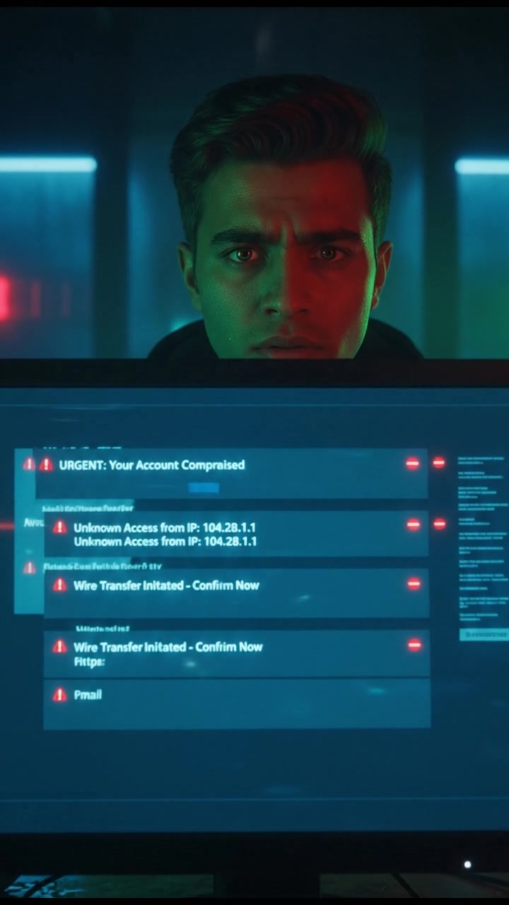 A close-up of a computer screen displaying suspicious emails, with Arjun in the background, looking concerned.