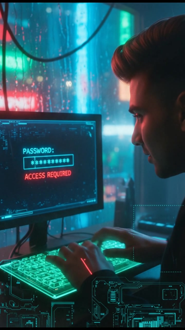 A close-up of a computer screen displaying a password prompt, hands of Arjun typing eagerly.