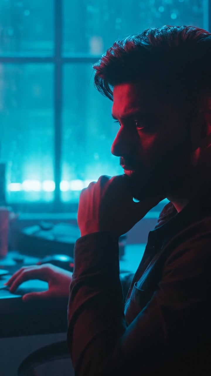 Arjun leaning back in his chair, looking worried while holding his chin, gazing at the email on the laptop.