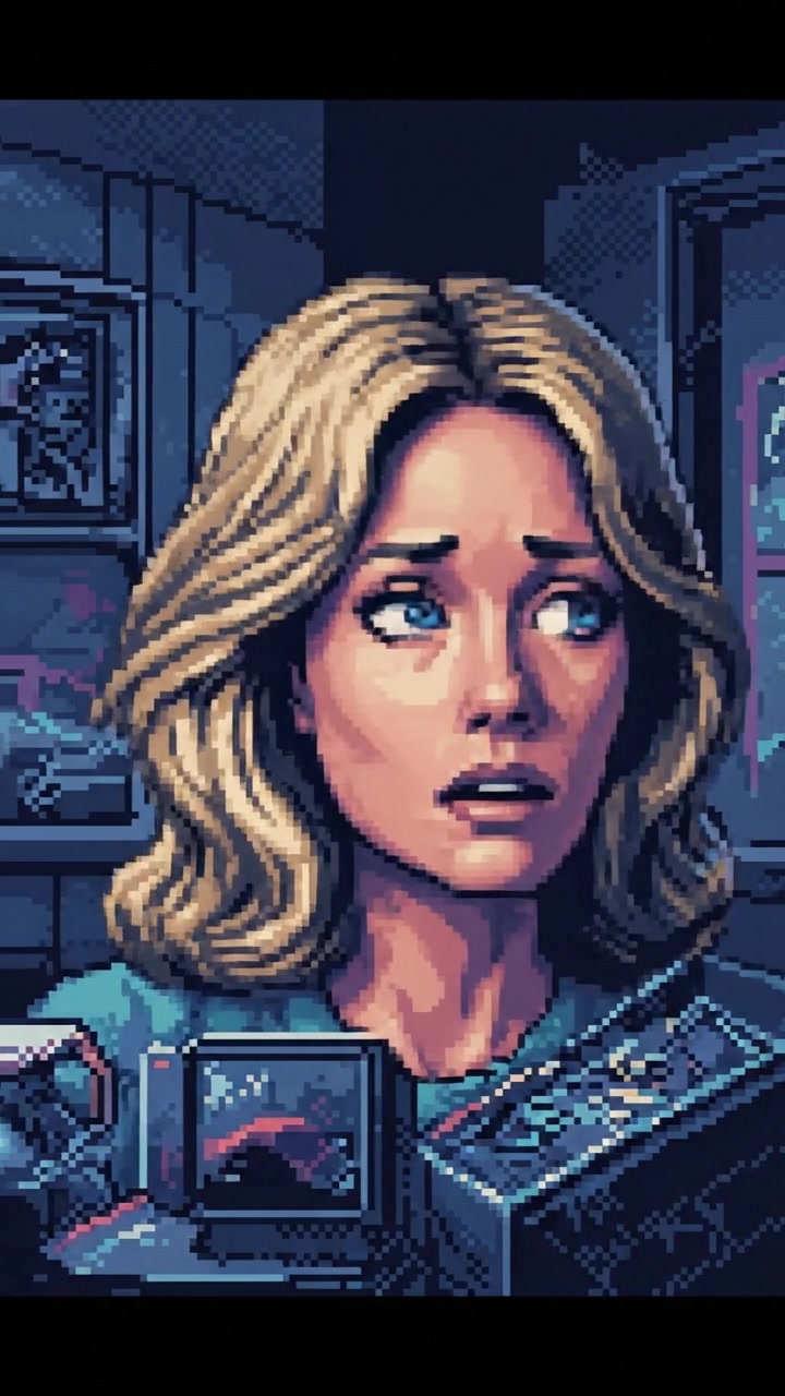 A close-up of Ashley with a worried expression in a dimly lit room.