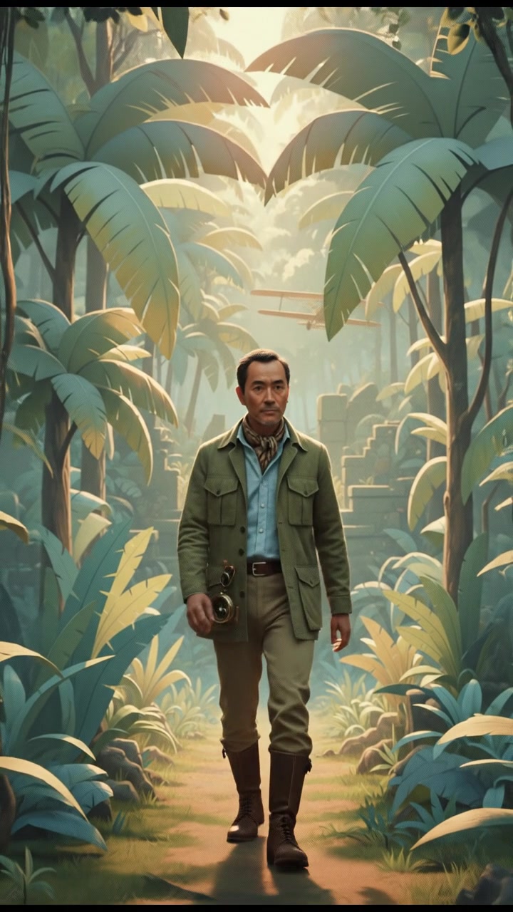 Hiro emerging from a dense green jungle, with sunlight filtering through the trees.