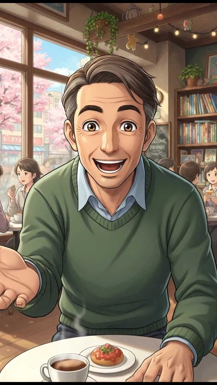 Omar leaning forward, speaking with a welcoming expression at a cafe table, inviting someone to join him.