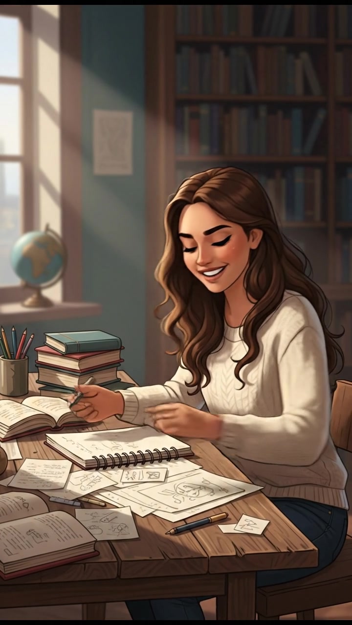 The Maya sitting at a desk with various books and papers, smiling as she writes in a notebook.