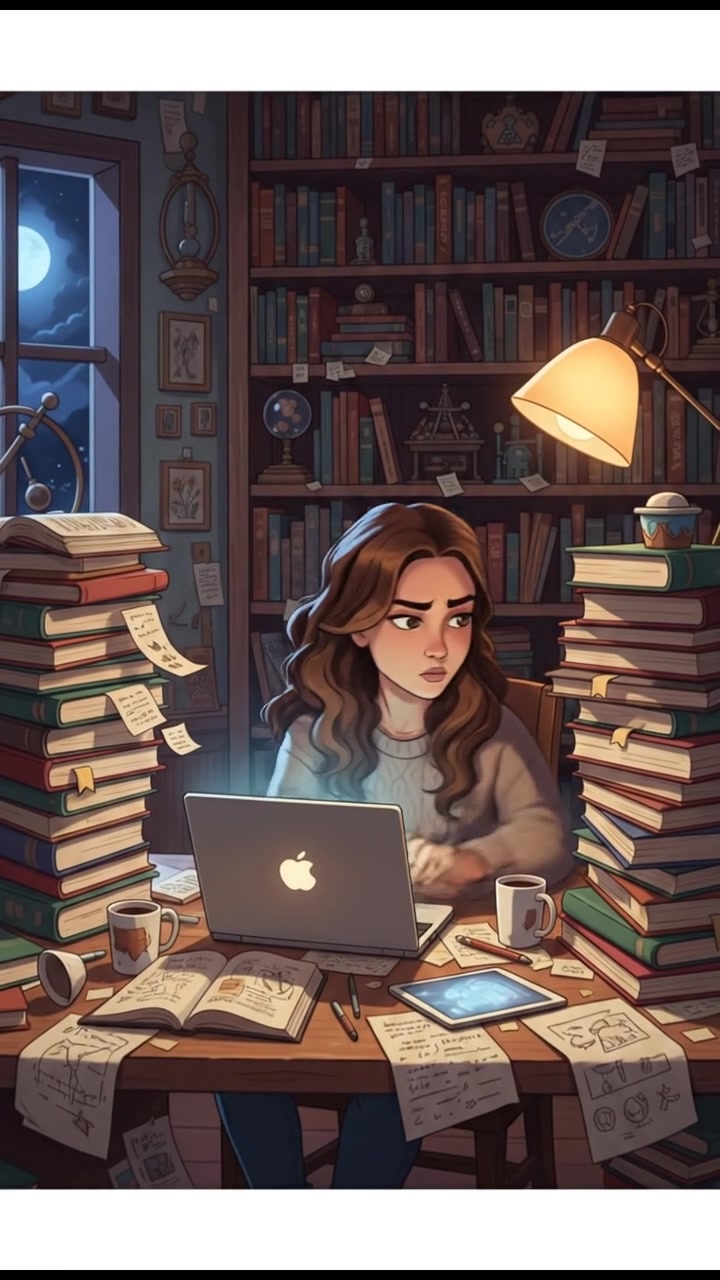 The Maya sitting at a desk, surrounded by stacks of books and papers, with a laptop open in front of her.