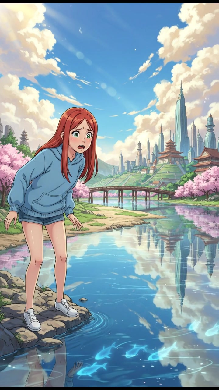 Emma stands by the edge of a wide river, looking confused as she peers into the water under a bright sky.