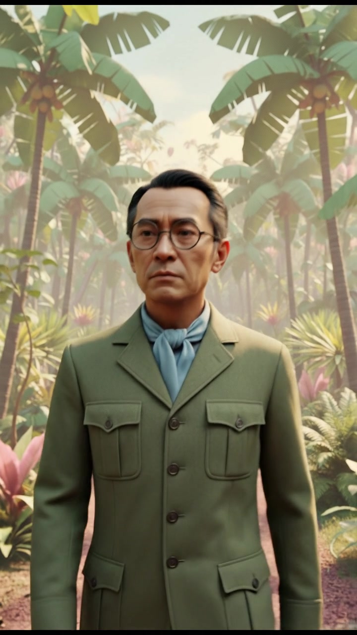 Hiro stands tall in a lush jungle, surrounded by dense trees and vegetation, looking determined.