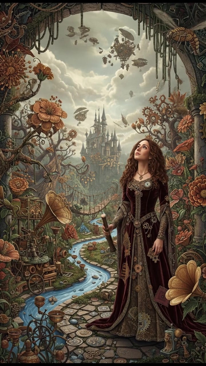 A peaceful outdoor garden with flowers, where Maya is standing, looking contemplative.