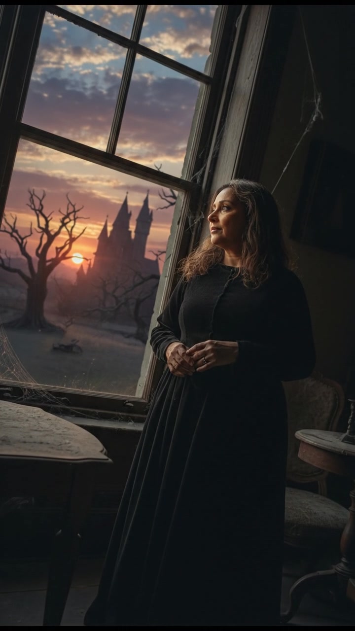 The Asha daydreaming while looking at a beautiful sunset through the window.