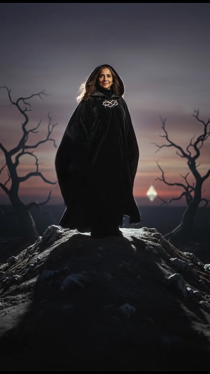 A figure standing on a hill at dusk, looking out towards a dimly lit horizon.