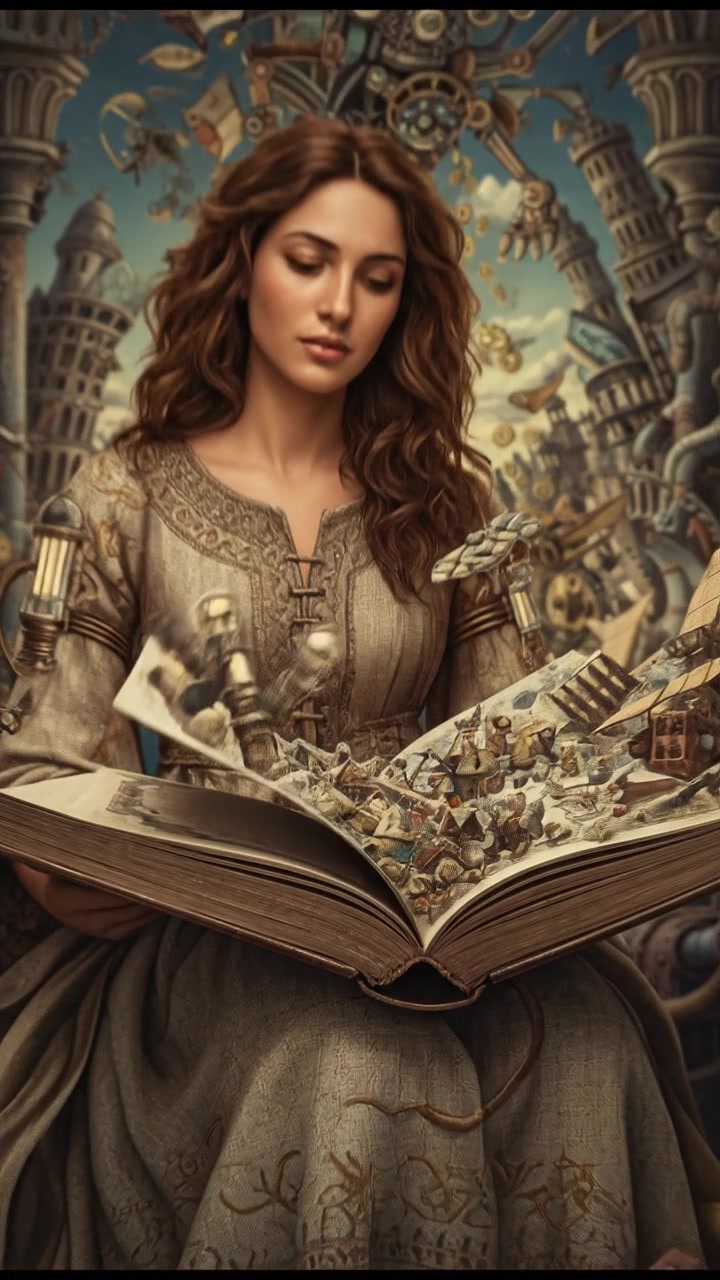 Maya holding an open book on her lap, gazing thoughtfully at the pages.