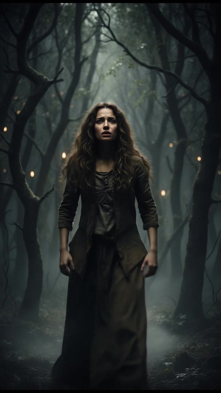 Wide shot of Maya, trembling as she looks around in the eerie silence of the forest.