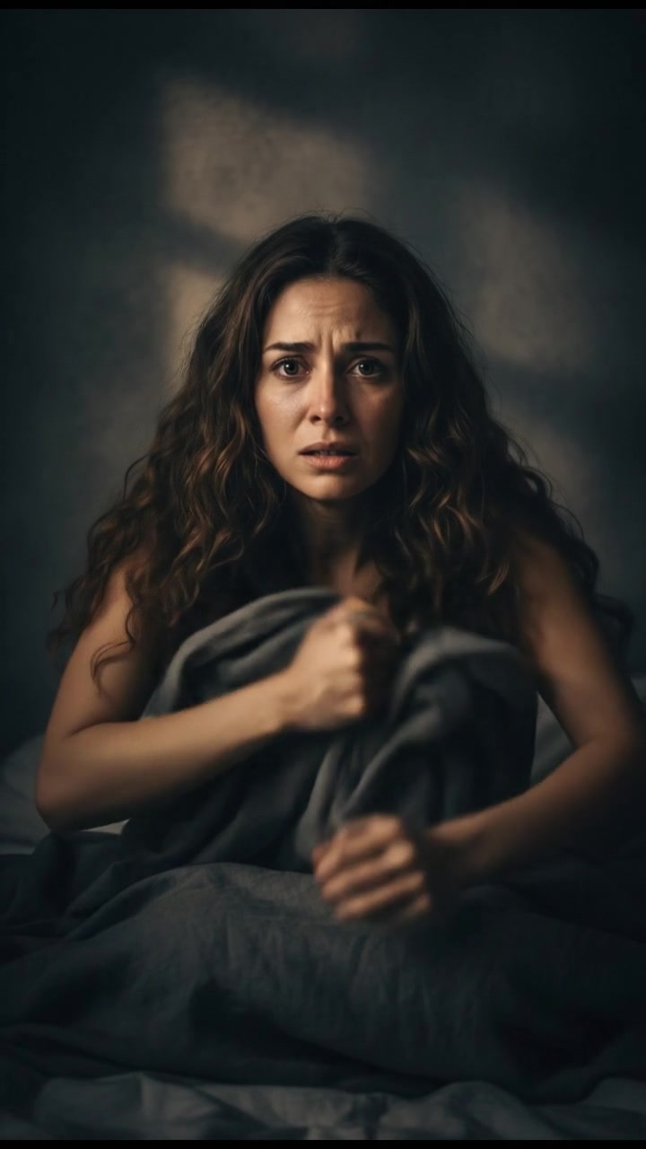 A close-up of Maya in bed, looking distressed with her hands clutching the blanket.