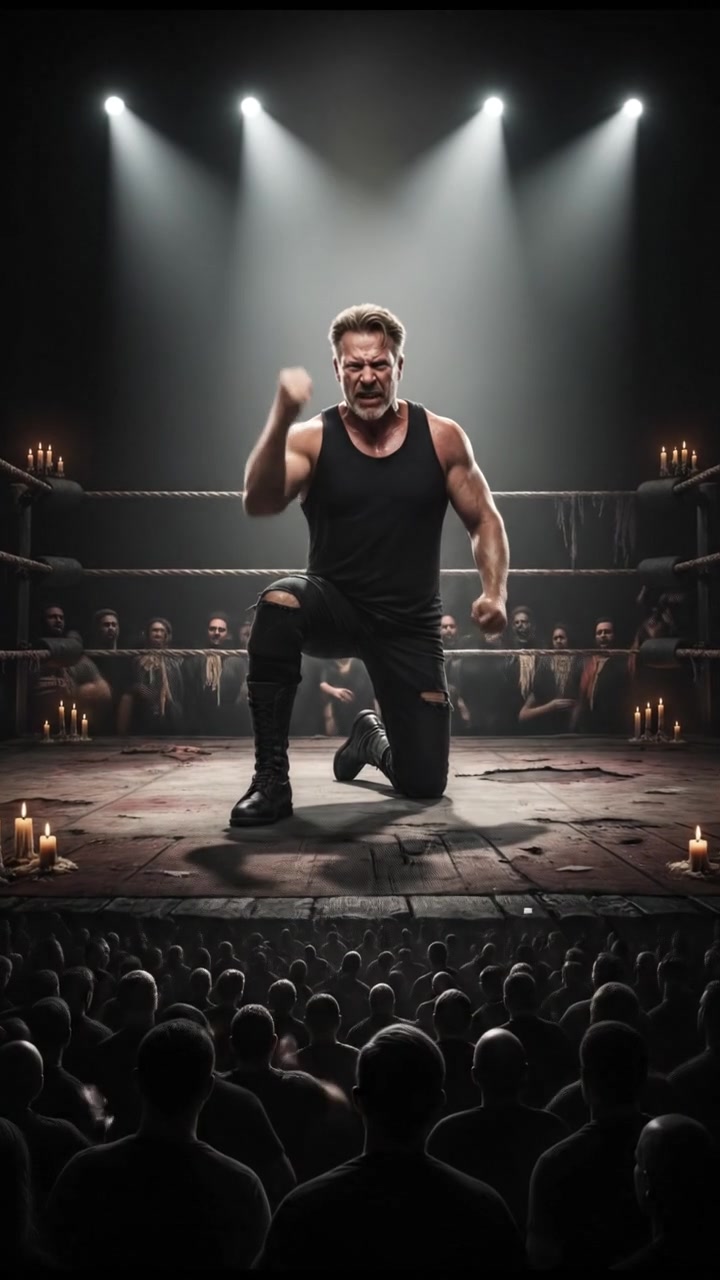 Mark performing the Five Knuckle Shuffle in the center of the wrestling ring, with the audience in the background.