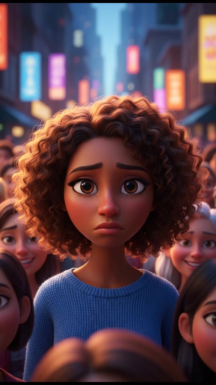 A close-up of Nia's face in a crowd, her expression showing a sense of loneliness and invisibility amidst many faces.