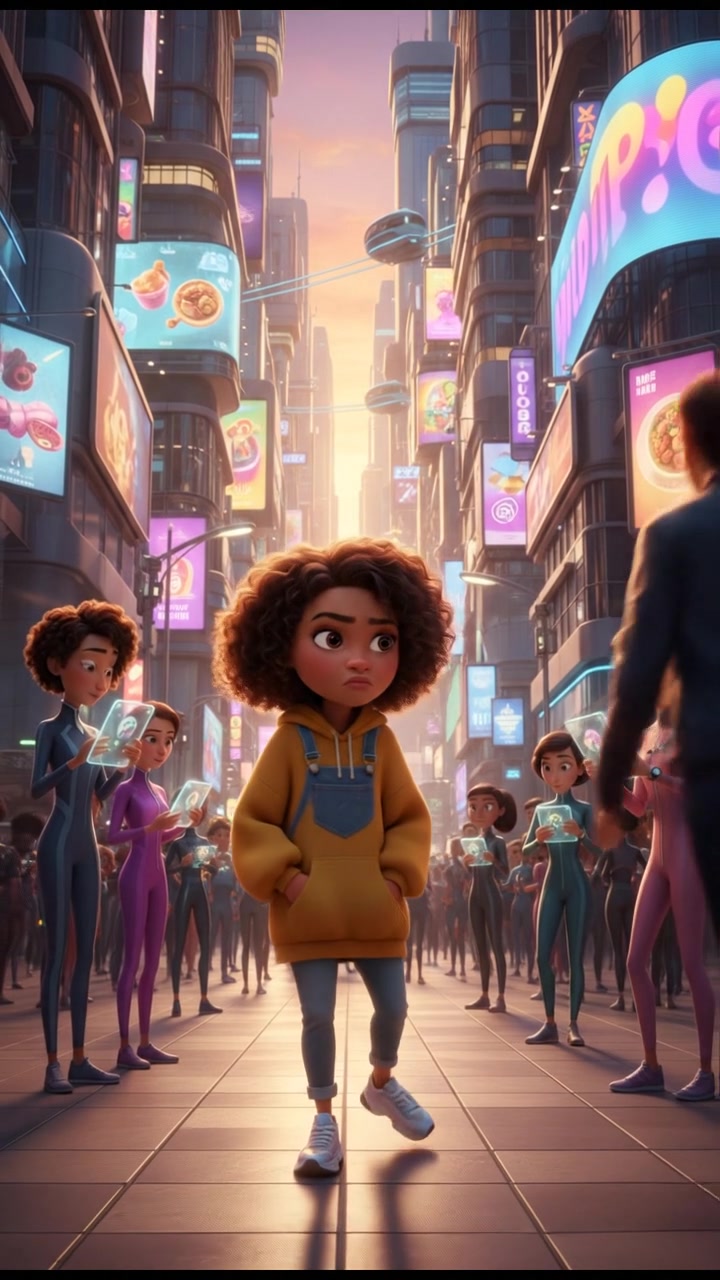 Nia standing in the center of a busy street, looking around with a slight frown, surrounded by oblivious pedestrians.
