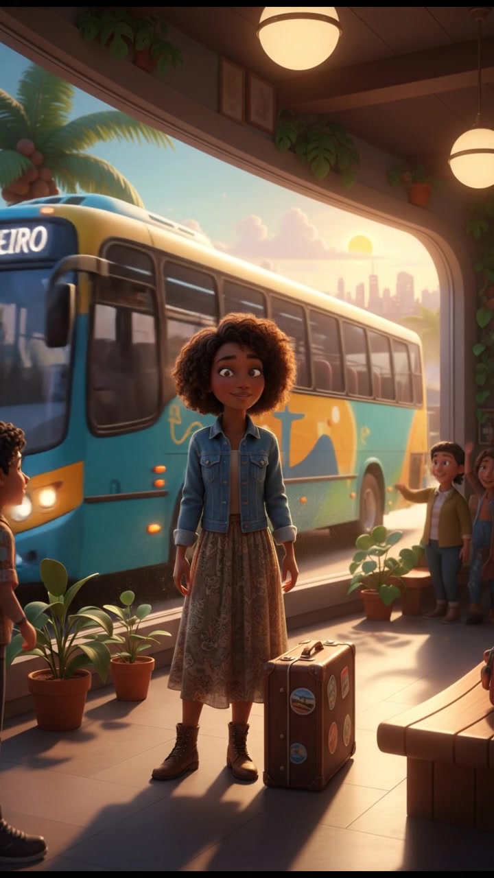 Nia standing at a bus station with her suitcase, looking out towards a bus leaving for Rio de Janeiro.