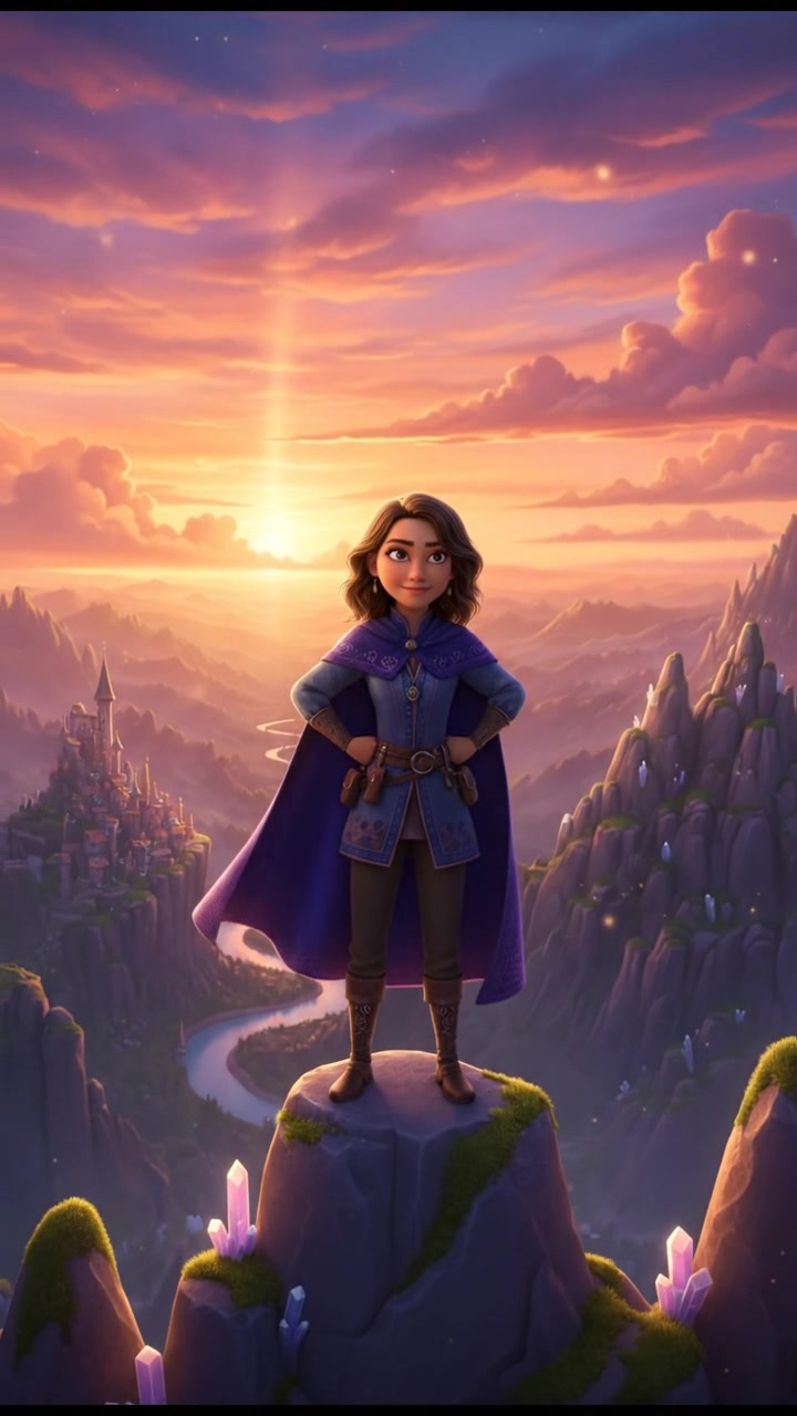 The Laila standing alone on a mountain peak, looking confidently into the distance with a sunset backdrop.