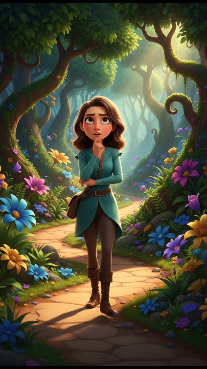 The Laila standing on a winding path through a lush green forest, contemplating her next steps.