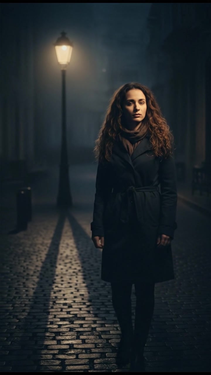 Maya standing alone under a streetlamp, her face illuminated while she looks towards the vanishing shadow.