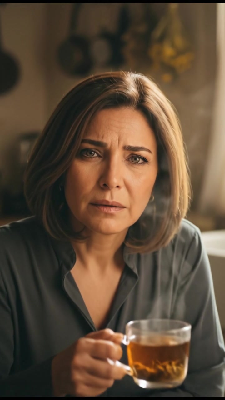 Sara looking concerned while sitting at the kitchen table, a cup of tea steaming beside her.