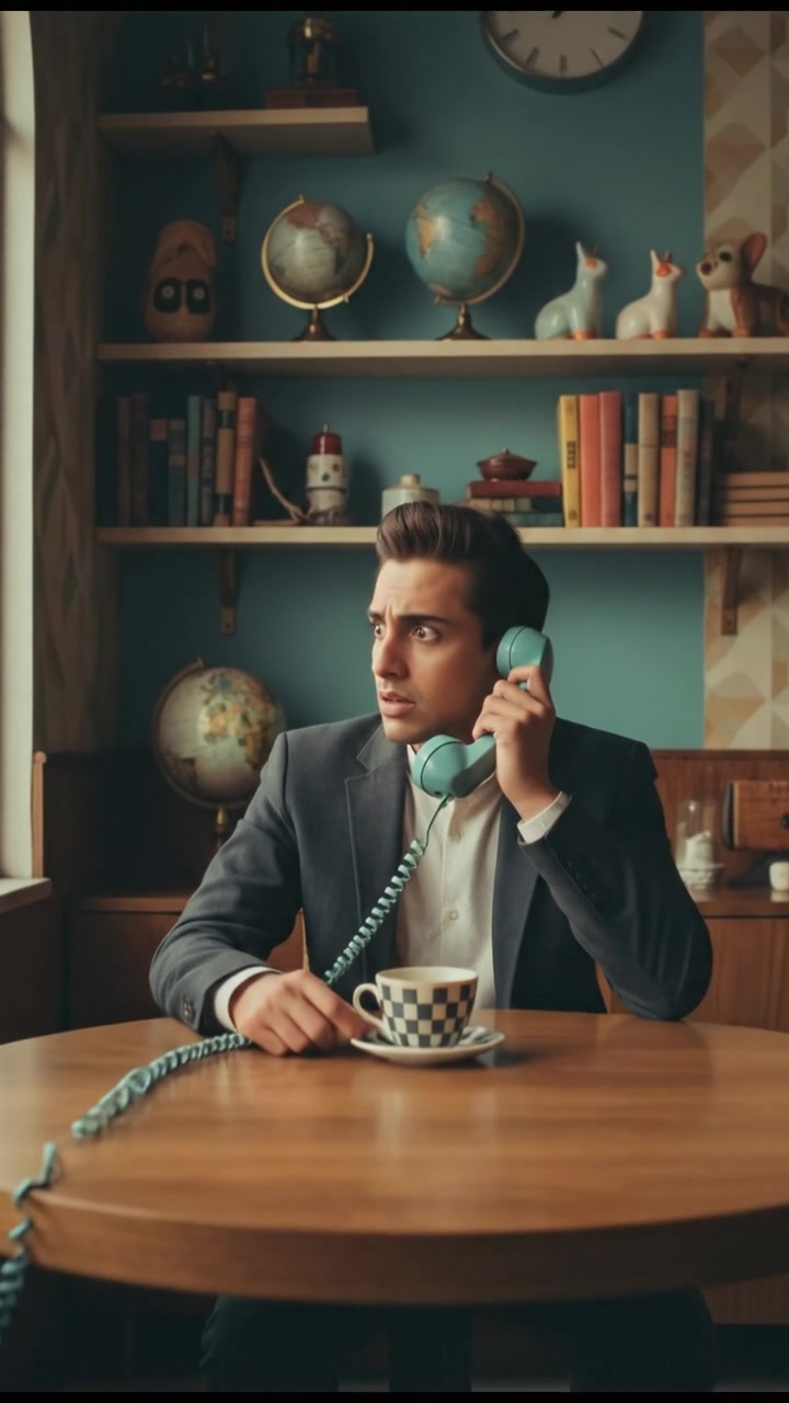 Amir holding a phone to his ear, sitting at a dimly lit table with a worried expression.