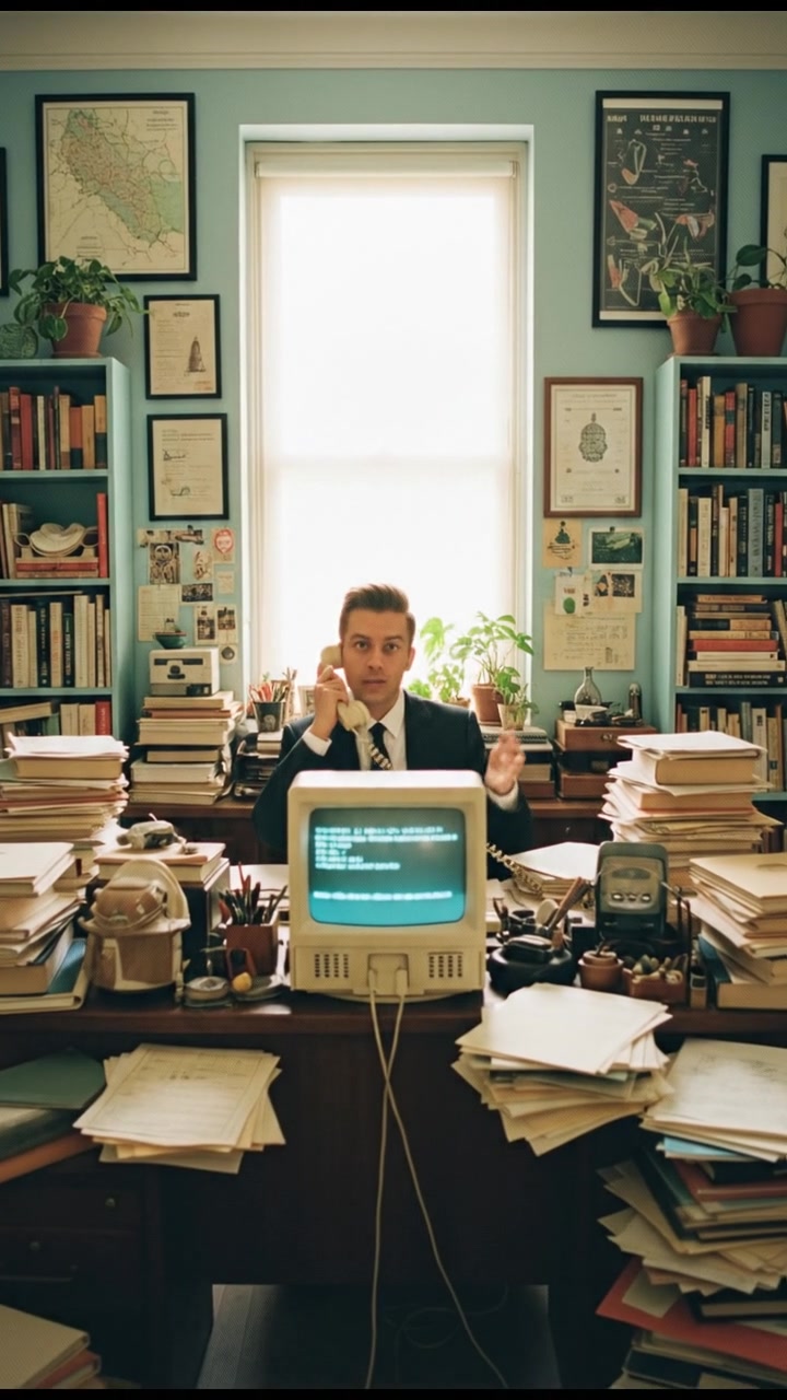 Amir at his cluttered office desk, on the phone with a focused look, surrounded by paperwork and his computer.
