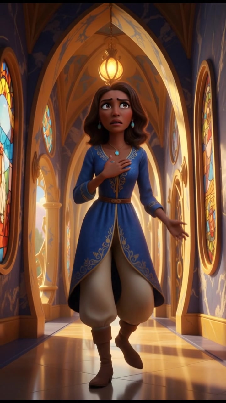 Monique standing in a hallway with a worried expression, her hand pressed against her chest.