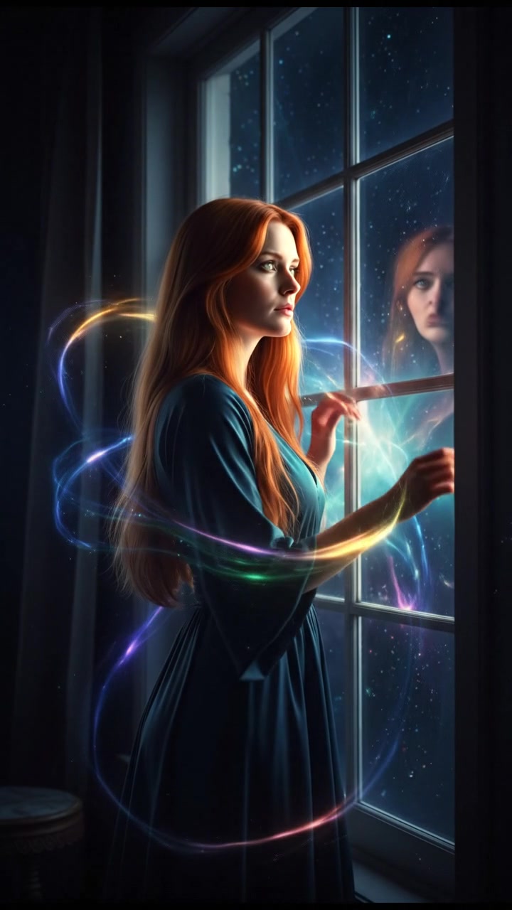 Emma standing by a window, gazing outside with a pensive look, as sunlight filters through.