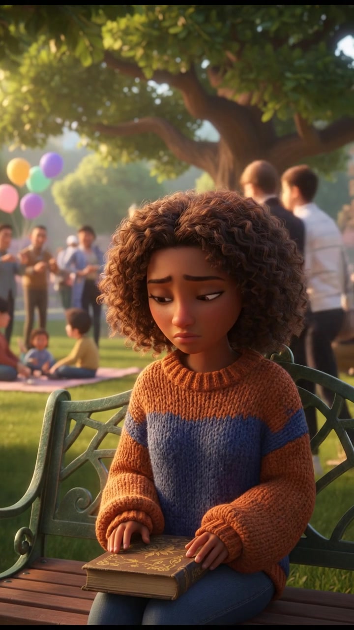 Close-up of Nia sitting on a bench, looking down, with her expression reflecting loneliness in a busy park.