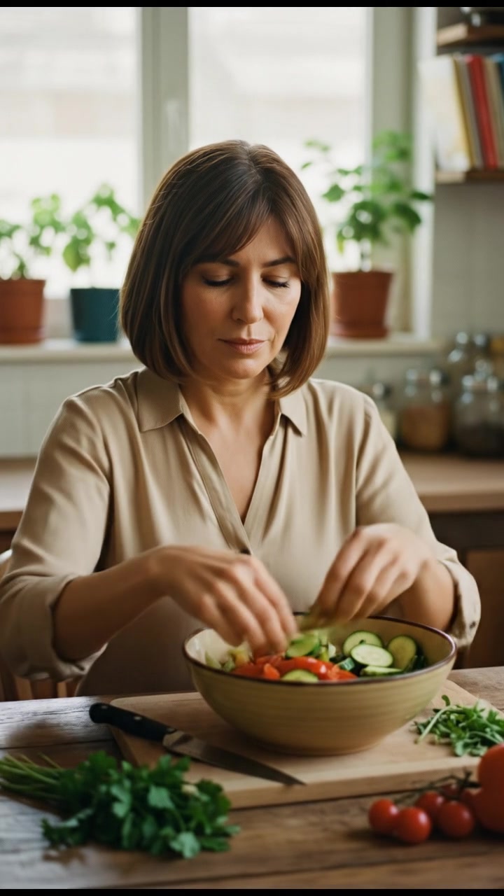 Sara sitting at the kitchen table, looking thoughtfully as she prepares a meal.