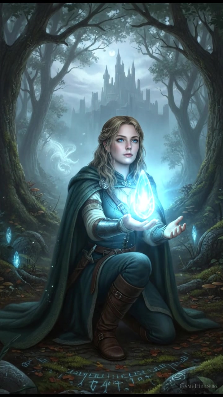 Ashley kneeling on the forest floor, holding a glowing crystal tear surrounded by trees.