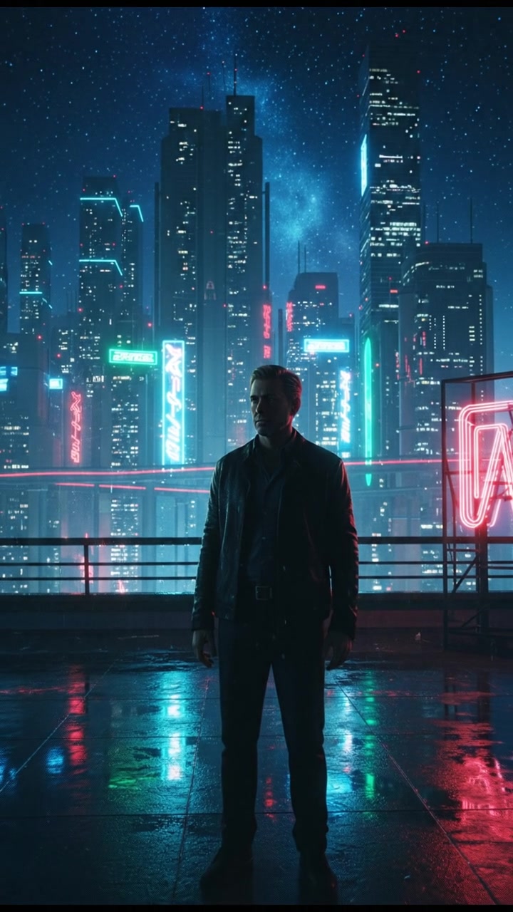 Omar standing alone on a rooftop terrace, gazing out at the city skyline beneath a starry sky.