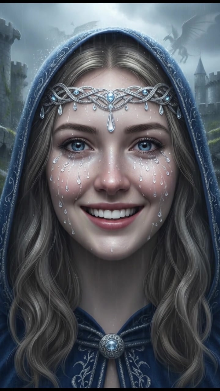 Close-up of Ashley's face, smiling with eyes sparkling in the rain, droplets mixing with her crystal-like tears.
