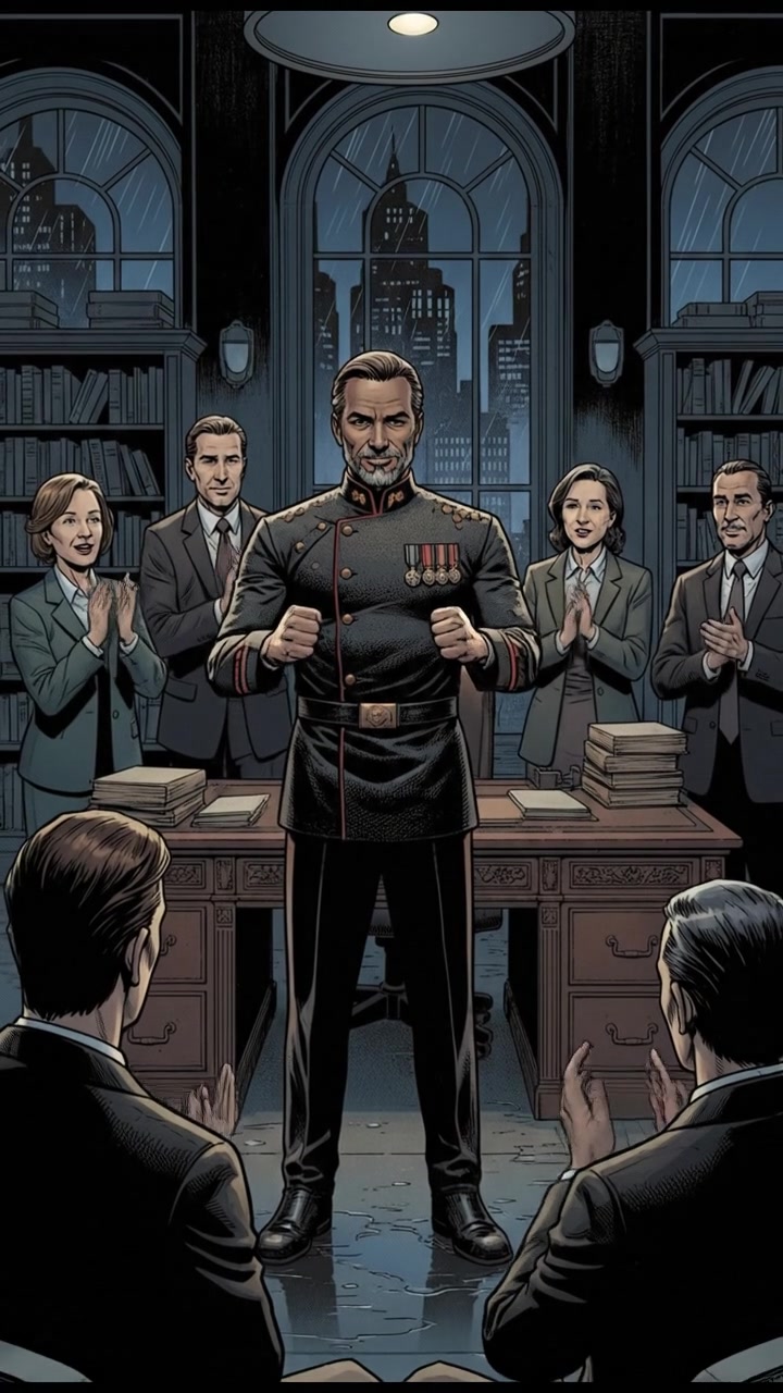 Raj (Adult) in a military uniform, confidently standing in an office surrounded by admiring colleagues.